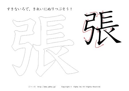 張 の書き順付きプリント画像